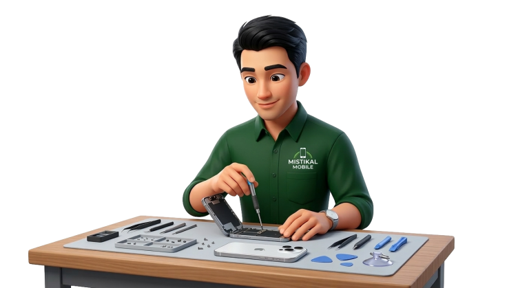 Misran character is repairing an iPhone at Mistikal Mobile