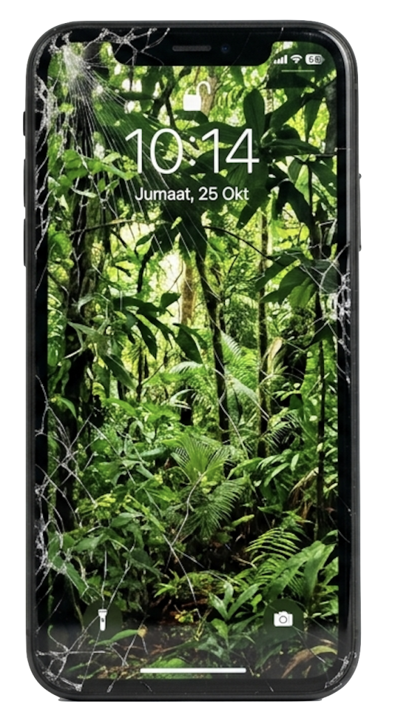 An iPhone with a cracked screen, with a forest-themed wallpaper in the back