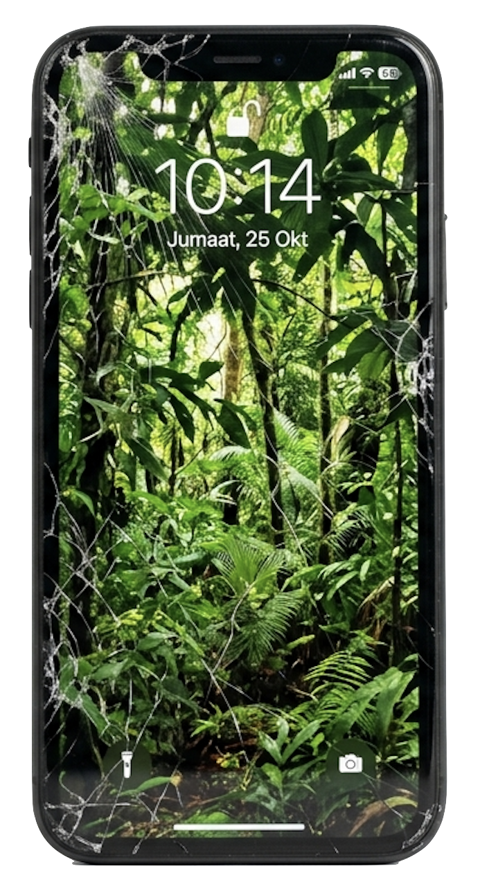 An iPhone with a cracked screen, with a forest-themed wallpaper in the back